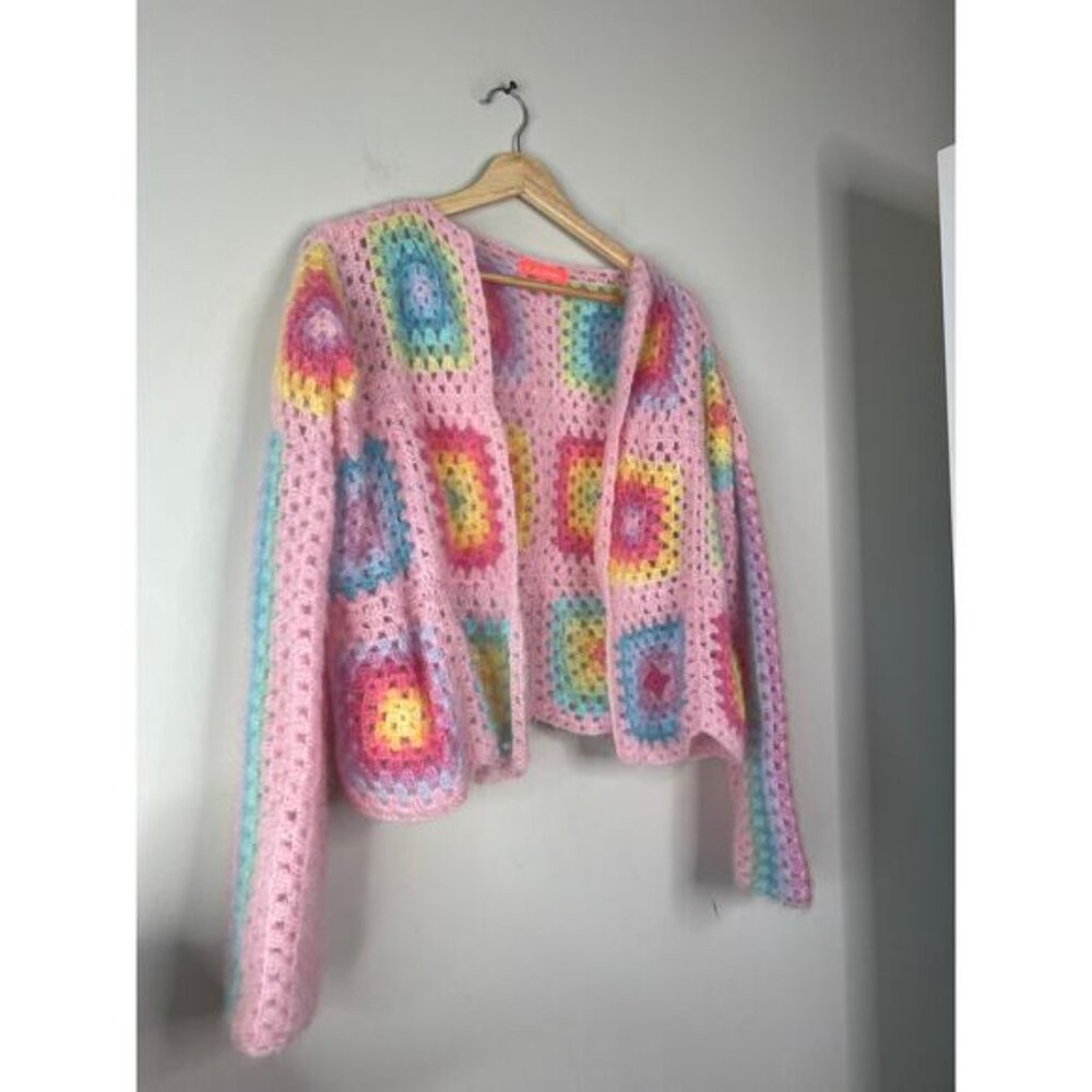 NEW Rose Carmine Crochet-Knit Mohair-Blend Granny Square Long Sleeve Cardigan - Picture 3 of 7